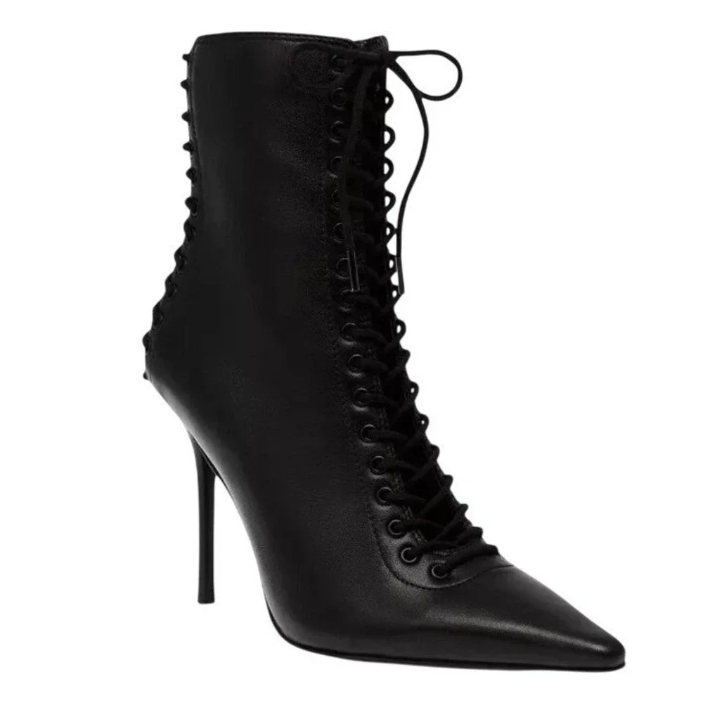 Steve Madden Size 7.5 Black Allnight Lace Up Stiletto Dress Booties Boots‎